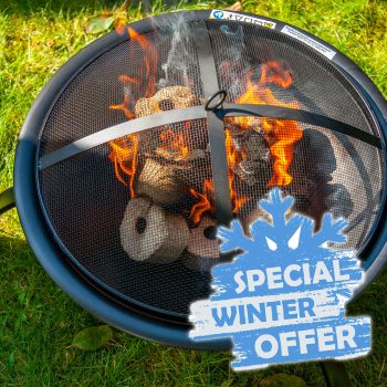 Fire pit with flames, winter sale promotion.