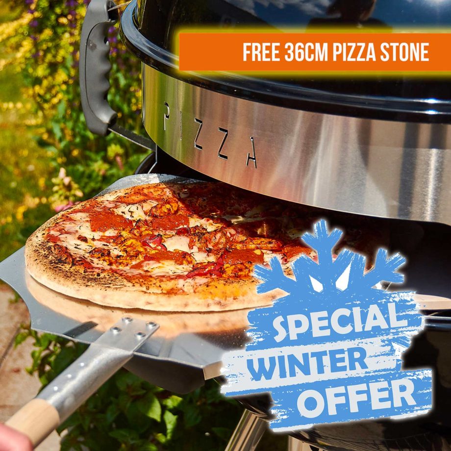 Outdoor pizza oven with special winter offer sign.