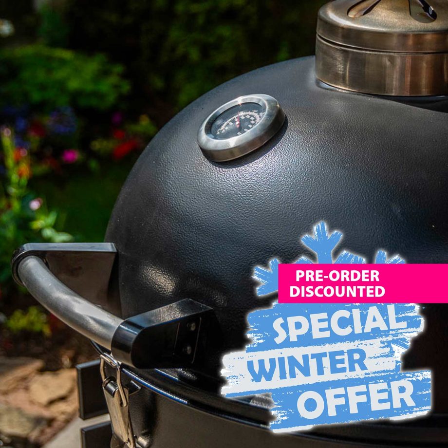 Barbecue grill with winter offer advertisement in garden.