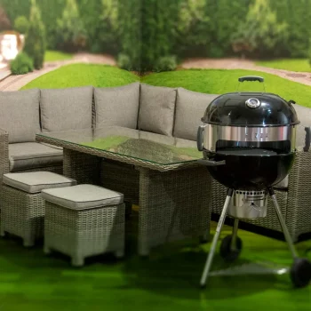 Garden patio furniture and barbecue grill setup.